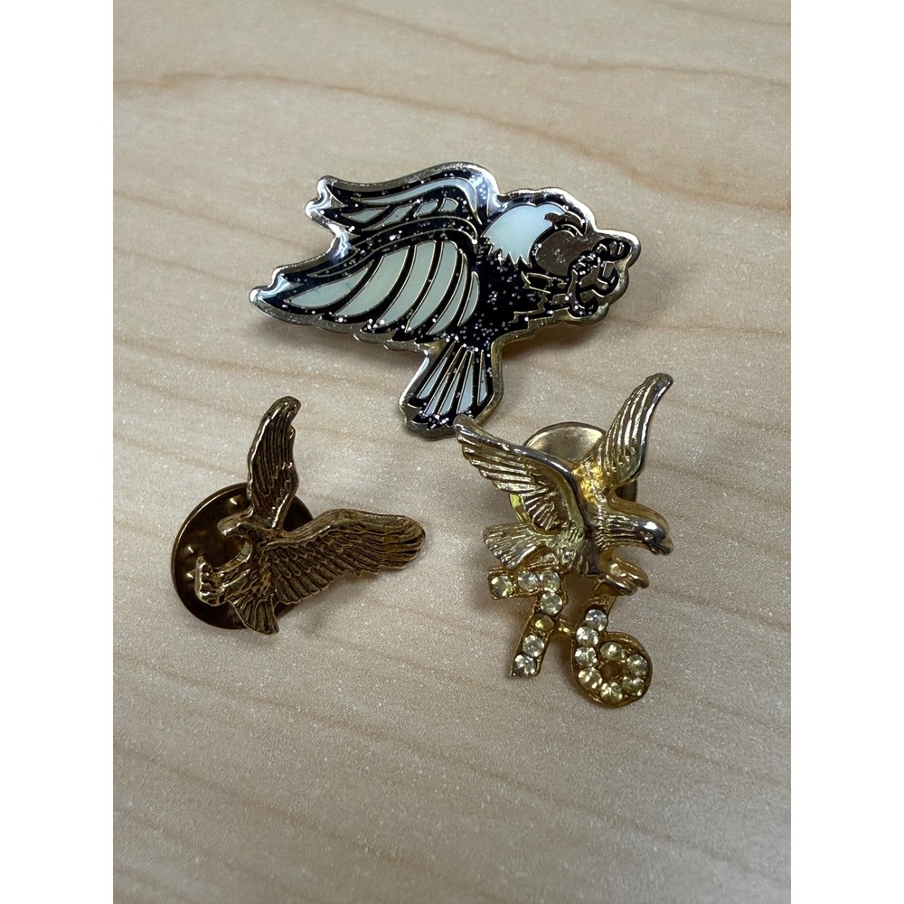 Eagle Lapel Pin Set 3 Small Gold Black Enamel Rhinestone 76 Americana Vintage